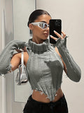 kkboxly  Backless Turtle Neck Top, Sexy Raw Trim Hanky Hem Crop Knit Top With Arm Sleeve, Women's Clothing