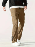 kkboxly  Zipper Design, Men's Corduroy Cargo Pants With Flap Pockets, Comfy Trendy Trousers