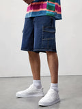 kkboxly  Flap Pockets Denim Shorts, Men's Casual Loose Fit Street Style Denim Shorts For Summer