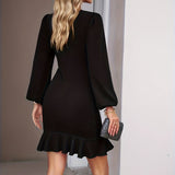 Solid Crew Neck Dress, Elegant Long Sleeve Ruffle Hem Dress, Women's Clothing