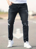 kkboxly Ripped Design Cotton Slim Fit Jeans, Men's Casual Street Style Leg Mid Stretch Denim Pants For Spring Summer