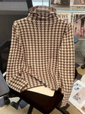 kkboxly  Houndstooth Pattern Turtle Neck Pullover Sweater, Elegant Long Sleeve Slim Versatile Sweater, Women's Clothing