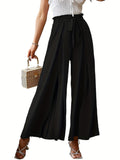 kkboxly  Solid Tied High Waist Pants, Casual Pleated Wide Leg Pants For Spring & Fall, Women's Clothing