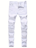 White Straight Leg Ripped Jeans, Men's Casual Street Style Distressed Mid Stretch Denim Pants For Spring Summer