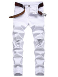 Men's Casual Ripped Slim Fit White Cotton Jeans