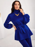 kkboxly  Solid Casual Two-piece Set, Turtle Neck Lantern Sleeve Belted Blouse & Flare Leg Pants Outfits, Women's Clothing