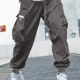 kkboxly Plus Size Men's Drawstring Cargo Pants: Letters Print, Multi-Pocket Design, Perfect For Outdoor Activities