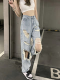 kkboxly  High Waist Ripped Wide Leg Jeans, Y2k Distressed Washed Straight Leg Denim Pants, Women's Denim Jeans & Clothing