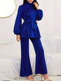 kkboxly  Solid Casual Two-piece Set, Turtle Neck Lantern Sleeve Belted Blouse & Flare Leg Pants Outfits, Women's Clothing