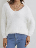 kkboxly  Solid Fuzzy Knit Sweater, Elegant V Neck Long Sleeve Sweater For Fall & Winter, Women's Clothing