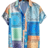 kkboxly Paisley Print Men's Casual Short Sleeve Mismatch Shirt, Men's Shirt For Summer Vacation Resort