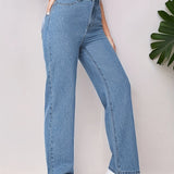 Blue Loose Fit Straight Jeans, High Waist Non-Stretch Slash Pockets Denim Pants, Women's Denim Jeans & Clothing