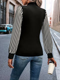 Striped Print Mock Neck T-Shirt, Casual Long Sleeve T-Shirt For Spring & Fall, Women's Clothing