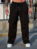 kkboxly  Men's Solid Cargo Pants With Multi Pockets, Active Straight Leg Loose Pants For Outdoor