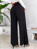 kkboxly  Solid Color Wide Leg Pants, Elegant Contrast Lace Loose Pants For Every Day, Women's Clothing