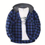 kkboxly  Plaid Shirt Coat For Men Long Sleeve Casual Regular Fit Button Up Hooded Shirts Jacket