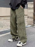 Solid Multi Flap Pockets Men's Straight Leg Cargo Pants, Loose Casual Outdoor Pants, Men's Work Pants Baggy Pants Trendy Streetwear