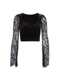 kkboxly  Floral Lace Stitching V Neck T-Shirt, Casual Long Sleeve Top For Spring & Fall, Women's Clothing