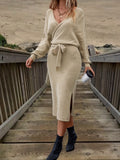 kkboxly  V-neck Knitted Belt Midi Dress, Elegant Solid Split Thigh Knit Long Sleeve Sweater Dress For Fall & Winter, Women's Clothing