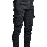 kkboxly  Multi Pocket Slim Fit Jeans, Men's Casual Street Style Distressed Denim Pants