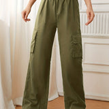 kkboxly  Flap Pockets Straight Leg Cargo Pants, Casual High Waist Pants, Women's Clothing