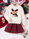 Girls' Festive Christmas Outfit: Cozy Reindeer Embroidered Plush Top & Red Plaid Skirt Set - Perfect for Fall/Winter