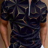 kkboxly Fashion Men's Geometric Print Short Sleeve Zipper Lapel Shirt, Men's Comfortable Slim Top, Summer Clothing