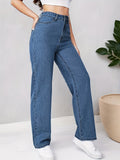 Blue Loose Fit Straight Jeans, High Waist Non-Stretch Slash Pockets Denim Pants, Women's Denim Jeans & Clothing