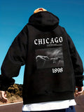 kkboxly Men's Casual Chicago Graphic Print Hoodies, Drawstring Comfortable Oversized Hooded Pullover Sweatshirt For Spring Summer Plus Size