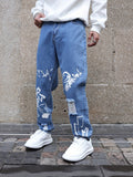 Y2K Men's Trendy Doodles Pattern Ripped Jeans Distressed Punk Men's Denim Pants Graffiti Pattern Loose Streetwear Hiphop Jeans