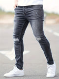 kkboxly  Slim Fit Ripped Jeans, Men's Casual Street Style Distressed Mid Stretch Denim Pants For Spring Summer