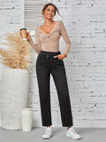 kkboxly  Stepped Waist Plain Straight Leg Jeans, Casual Slash Pocket Asymmetric Denim Pants, Women's Denim Jeans & Clothing