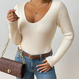 kkboxly  Solid Rib Knit Sweater, Casual Long Sleeve V Neck Slim Sweater, Women's Clothing