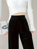 Solid Velvet Straight Leg Pants, Casual Elastic Waist Loose Pants, Women's Clothing