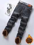 kkboxly  Men's Warm Fleece Skinny Jeans, Casual Street Style Stretch Jeans For Fall Winter