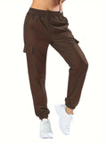 Drawstring Flap Pockets Jogger Pants, Vintage Solid Faux Leather Cargo Pants, Women's Clothing