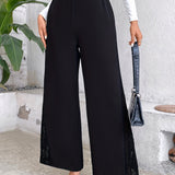 kkboxly  Solid Color Wide Leg Pants, Elegant Contrast Lace Loose Pants For Every Day, Women's Clothing