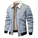 realaiot  Warm Fleece Denim Jacket, Men's Casual Flap Pocket Jacket Coat With Fur Collar For Fall Winter