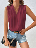 kkboxly   Wrap Pleated Tank Blouse, Casual V Neck Sleeveless Blouse For Spring & Summer, Women's Clothing