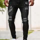 kkboxly  Slim Fit Ripped Jeans, Men's Casual Street Style Distressed Medium Stretch Denim Pants