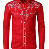 kkboxly Cow Boy Style Men's Chic Embroidered Long Sleeve Lapel Shirt, Spring Fall