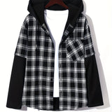 Fashionable And Versatile Men's College Style Casual Plaid Hoodies Button Drawstring Shirt Jacket, Suitable For Outdoor