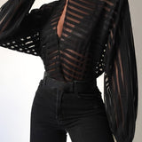 Women's Shirts Tops Striped Fake Buttons Mesh Blouses Tops