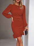 Solid Crew Neck Dress, Elegant Long Sleeve Ruffle Hem Dress, Women's Clothing