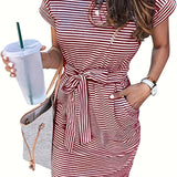 kkboxly  Striped Round Neck Slim Dress, Casual Buttons Belt Waist Summer Short Sleeve T Shirt Dresses, Women's Clothing