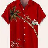 kkboxly  Christmas Santa & Elk Cartoon Pattern Men's Short Sleeve Button-down Shirt With Chest Pocket, Gift For Men