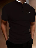 kkboxly  Antelope Horns Men's Casual Stand Collar Button Up Short Sleeves Polo Shirts For Summer