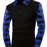 kkboxly  Retro Plaid Shirt, Men's Casual V-Neck Pullover Long Sleeve Rugby Shirt For Winter Fall, Men's Clothing