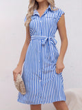 kkboxly  Striped Print Shirt Dress, Tie Waist Casual Short Sleeve Dress, Women's Clothing