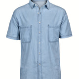 kkboxly  Men's Denim Dress Cotton Shirt Button Up Short Sleeve Shirt